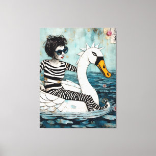 Toile Femme en tenue zébrée flottant sur un cygne