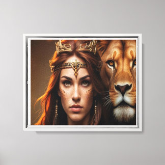 Toile femme et lion