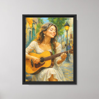 Toile Femme joyeuse jouant de la guitare dans une rue en