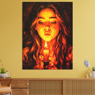 Toile Femme mystérieuse soufflant une bougie, peinture à