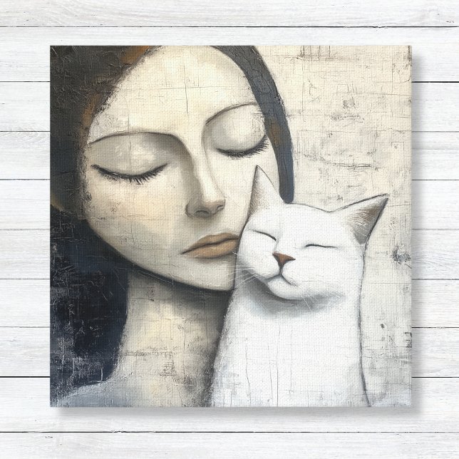 Toile Femme neutre et chat (Neutral Woman with Cat Canvas Print - Living Room Bedroom Wall Art)