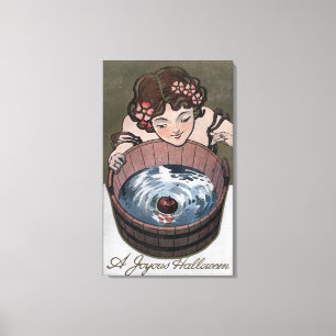 Toile Femme regardant dans le tonneau de bois