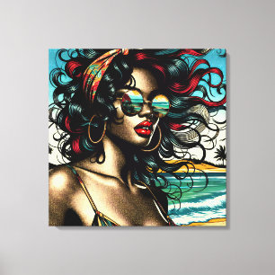 Toile Femme Rétro sur la Plage Style Comic Pop Art