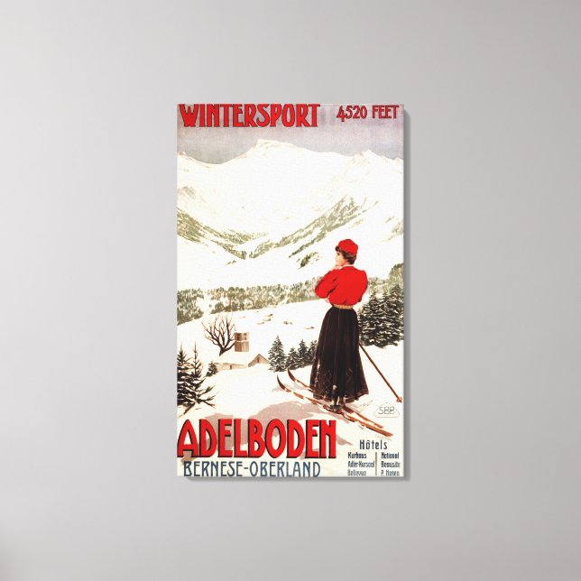Toile Femme Skier Vue sur Adelboden Poster (Recto)