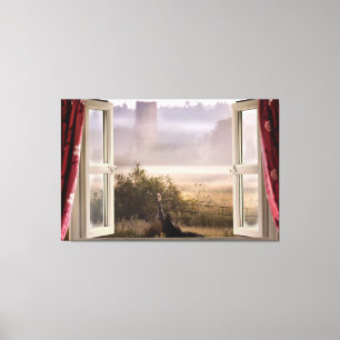 Toile Fenêtre ouverte matinée brumeuse avec chouette de
