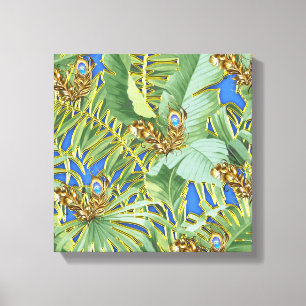Toile Feuilles Golden Peacock sur Cerulean Blue