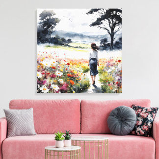 Toile Field of Dreams – Watercolor Woman in Wildflower M