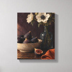 Toile Figues noires et anémones crème - Nature morte lun
