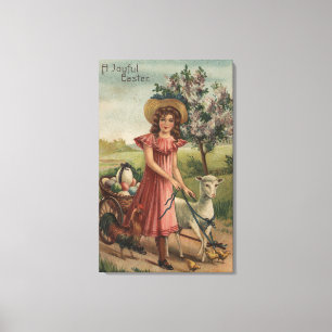 Toile Fille Agneau de marche, poussin et coq