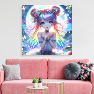 Toile Fille Anime Cheveux Arc-en-Ciel Chantant Fée Lune