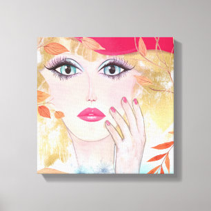 Toile Fille Fantaisiste au Chapeau Main Visage Feuilles