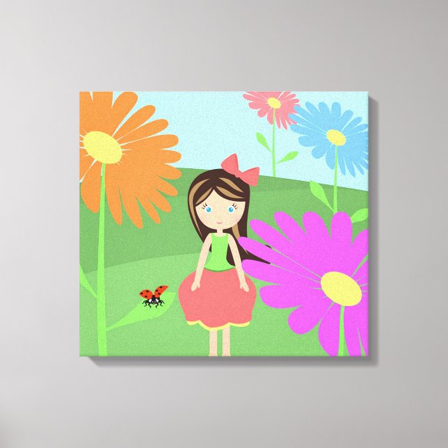 Toile Fille, fleurs et coccinelle (Recto)