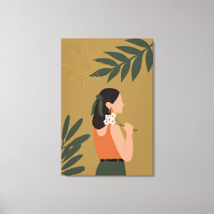 Toile Fille Moderne avec Illustration Florale Verte