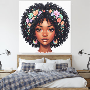 Toile Fille noire adorable avec couronne de fleurs afro