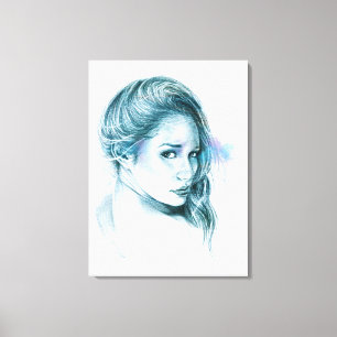 Toile Fille portrait dessin au crayon Bleu