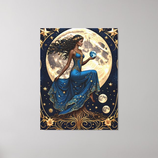 Toile fille tarot tenant racines et lune - peinture (Recto)