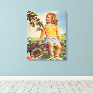 Toile Fille Vintage regardant des oiseaux dans un arbre,