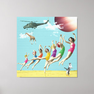 Toile Filles Leaping Beach Retro Collage Canvas Imprimer
