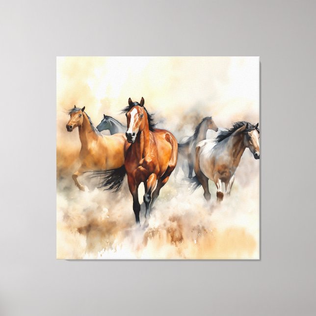 Toile "Five Wild Mustangs" Aquarelle Occidentale Dusty (Recto)