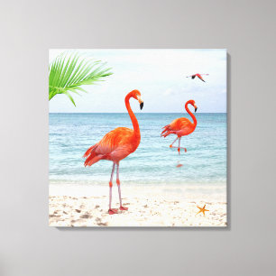 Toile Flamants roses rouges et palmiers vifs sur la plag