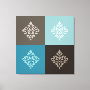 Toile Flèche Damask Pattern Carrés Teals Browns White