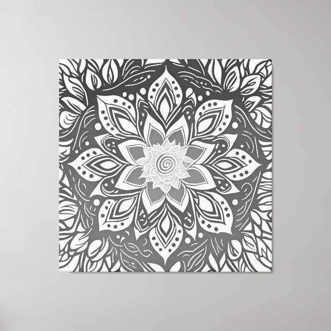 Toile Fleur Mandala en niveaux de gris en noir et blanc (Recto)