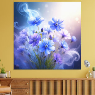 Toile Fleurs bleues délicates avec une brume éthérée