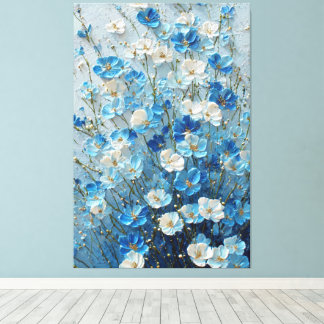 Toile Fleurs bleues et blanches sur fond abstrait bleu c
