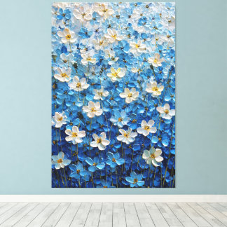 Toile Fleurs bleues et blanches sur un mur abstrait dégr