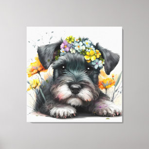 Toile Fleurs d'aquarelle et chiot Schnauzer