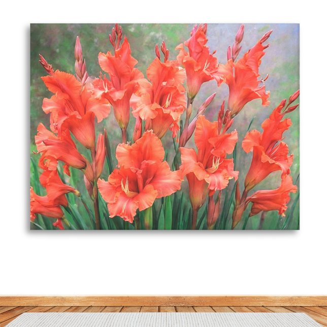 Toile Fleurs de gladiolus rouge Élégant jardin fleuri (An elegant canvas print of coral red gladioli flowers. Bright and vibrant artwork for the home.)