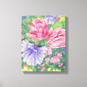 Toile Fleurs de jardin roses et violettes