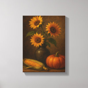 Toile Fleurs de soleil et Citrouille automne encore vie