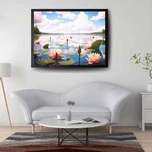 Toile Fleurs d'eau rose et ciel sur le lac réfléchissant