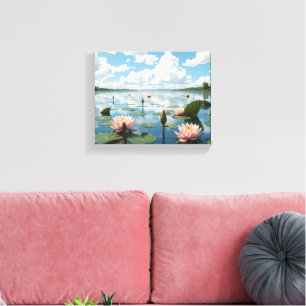 Toile Fleurs d'eau sur un lac avec un ciel nuageux