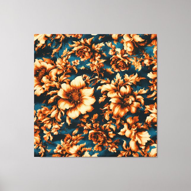 Toile Fleurs d'or luxueuses, Feuilles sur Bleu (Recto)