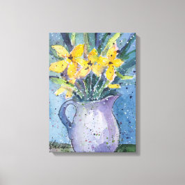 Toile Fleurs jaunes dans l'aquarelle Vase bleu