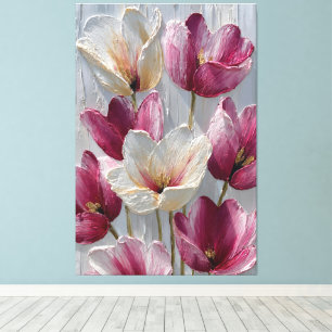 Toile Fleurs magenta et blanches avec texture dorée