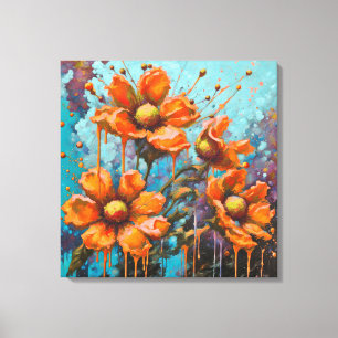 Toile Fleurs oranges avec coulures de peinture