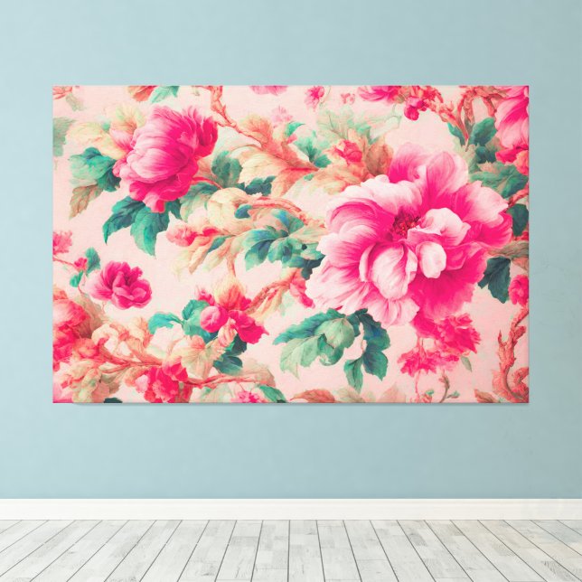 Toile Fleurs Roses Claires Et Élégantes, Feuilles Luxuri (Insitu (Plancher de Bois))