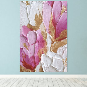 Toile Fleurs roses et blanches avec texture dorée abstra