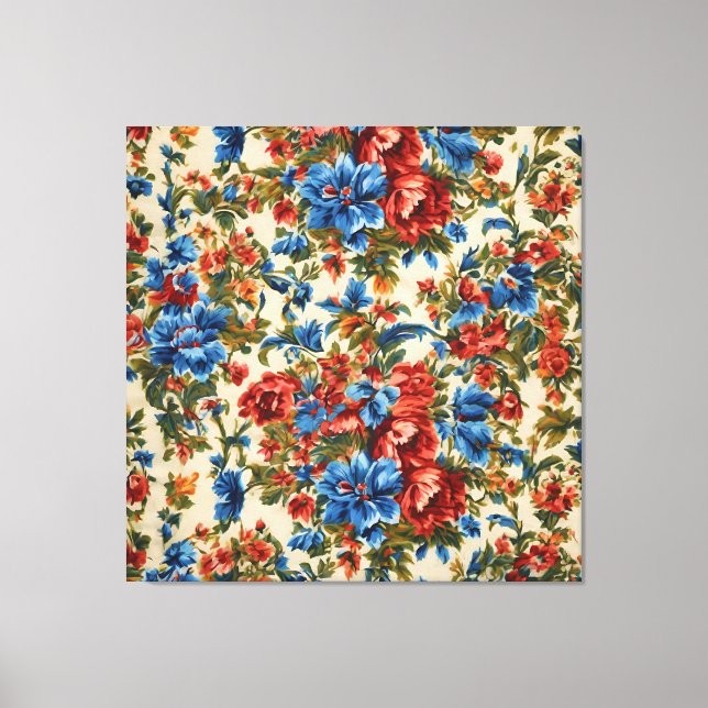 Toile Fleurs rouges et bleues italiennes avec Feuilles l (Recto)