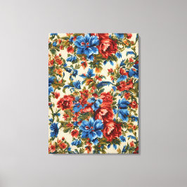 Toile Fleurs rouges et bleues italiennes avec Feuilles l
