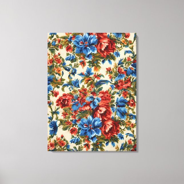 Toile Fleurs rouges et bleues italiennes avec Feuilles l (Recto)