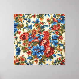 Toile Fleurs rouges et bleues italiennes avec Feuilles l