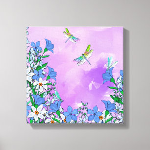 Toile Fleurs sur le pourpre avec des libellules