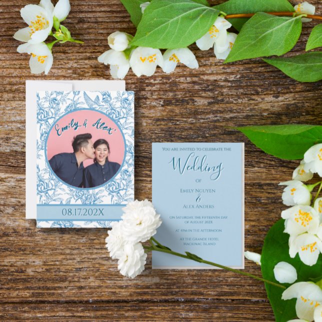 Toile Floral Bird Light Blue Foto Wedding Einladung (Von Creator hochgeladen)