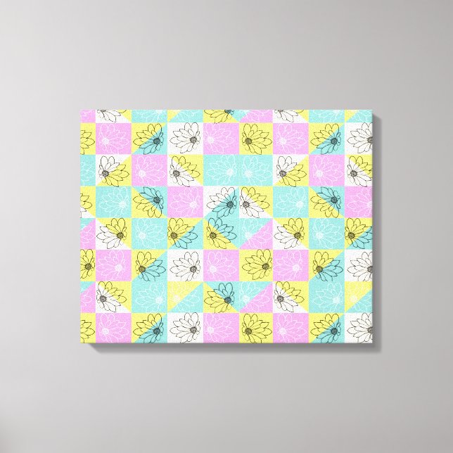 Toile Floral rétro les années 70 pastel damier rose turq (Recto)