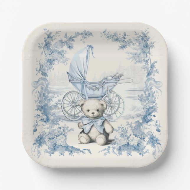 Toile Floral Teddy Bear Carriage Baby Dusche Pappteller (Vorderseite)