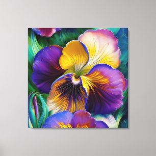 Toile Floral violet et or pansé bleu feuille vert